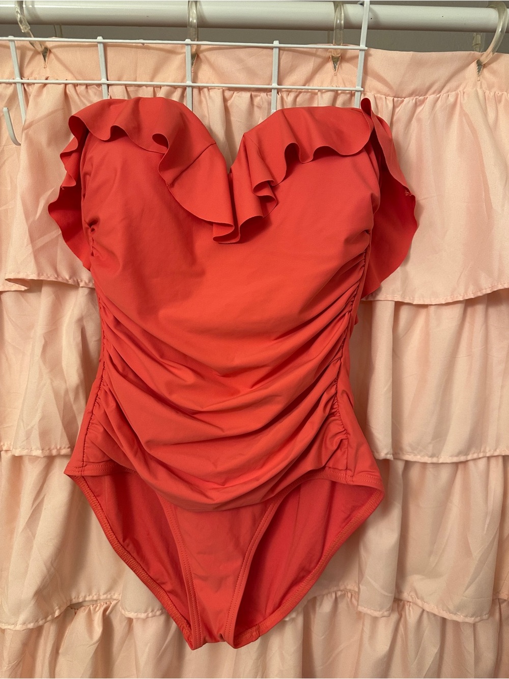 DKNY Coral Pink Ruched Ruffle Strapless One-Piece Swimsuit Resort Glam